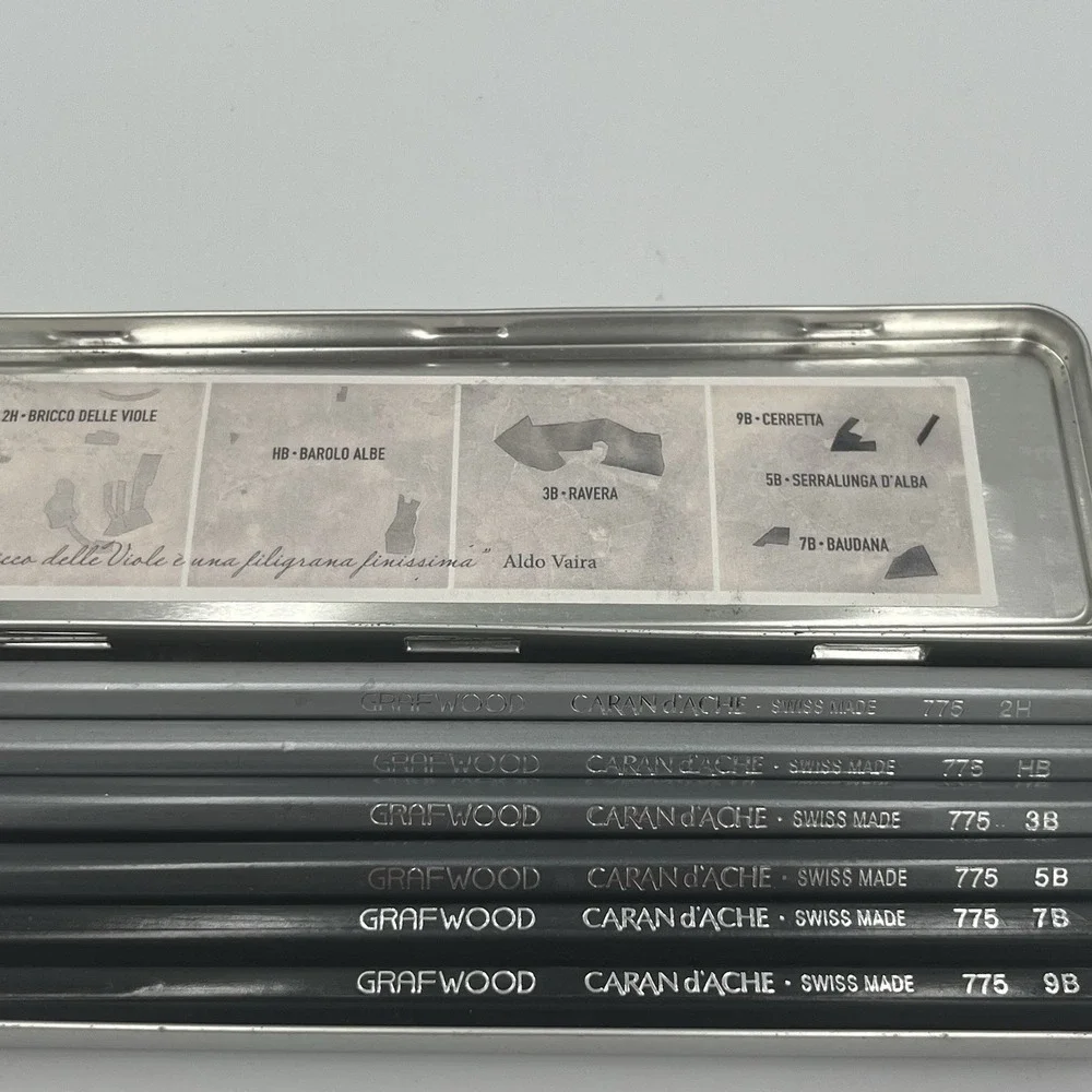 Caran D'ache Metal Box  New Grafwood Drawing Pencils Set of 6 -2H HB 3B 5B 7B 9B
